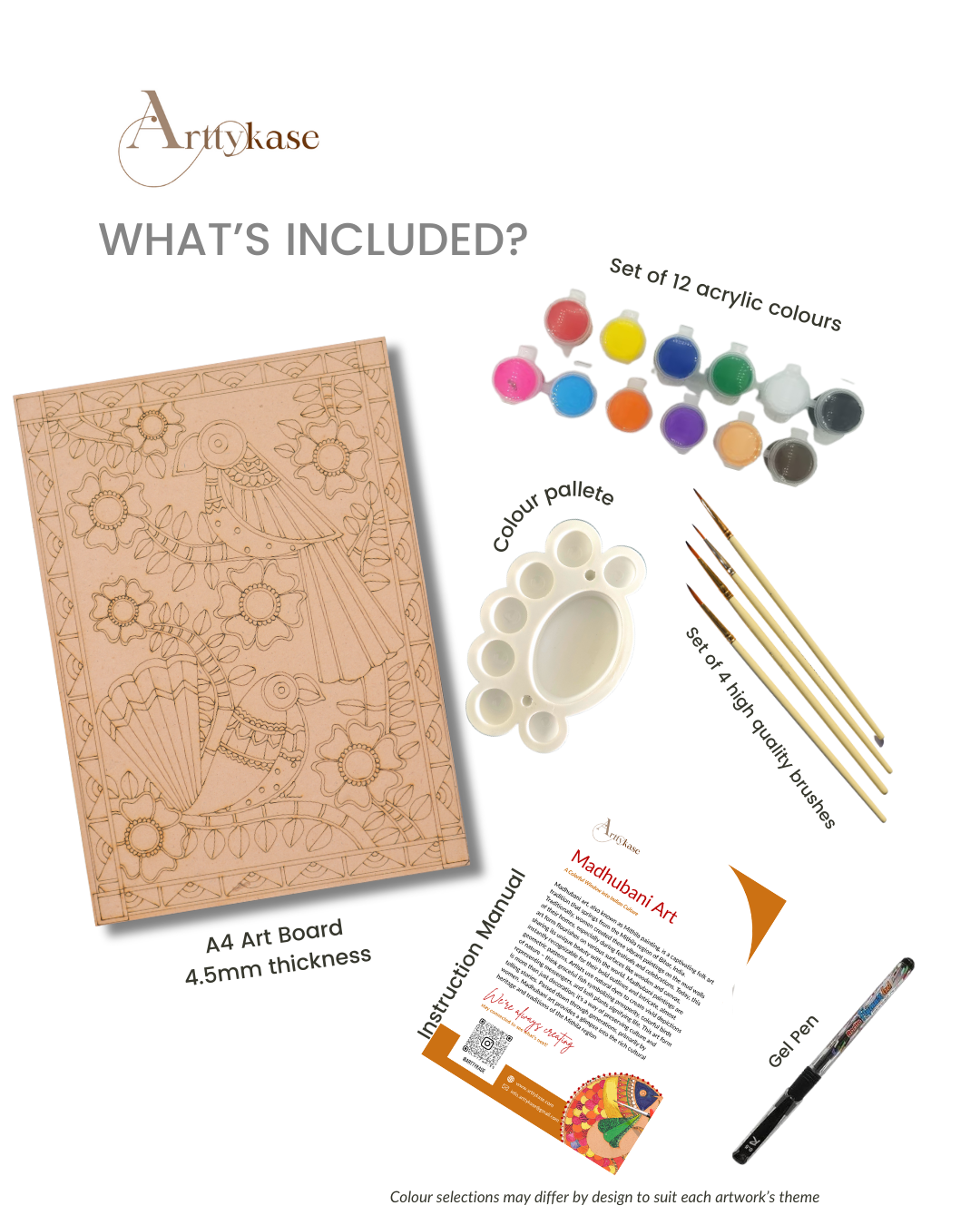 Madhubani Bird Painting Kit (UK) – Pre-Marked Wooden Board DIY Set with 12 Acrylic Paints