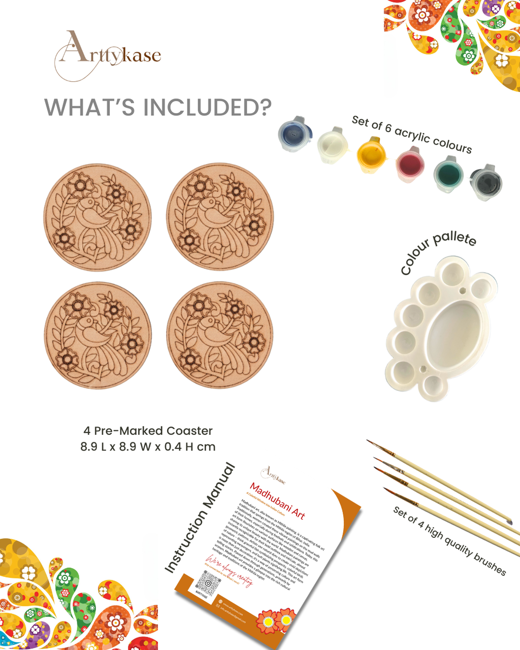 Madhubani Bird Coaster Painting Kit (UK) – Set of 4 Pre-Drawn Coasters & Acrylic Paints