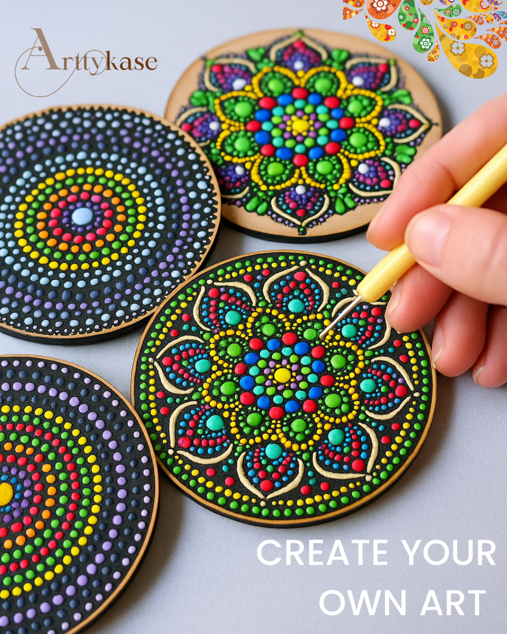 Dot Mandala Coaster Painting Kit (UK) – Set of 4 MDF Coasters with Dotting Tools & Stencils