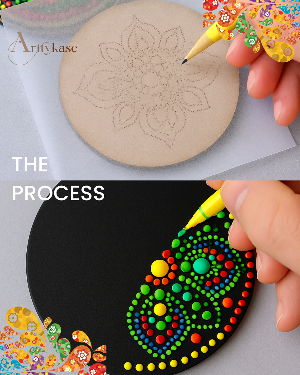 Dot Mandala Coaster Painting Kit (UK) – Set of 4 MDF Coasters with Dotting Tools & Stencils