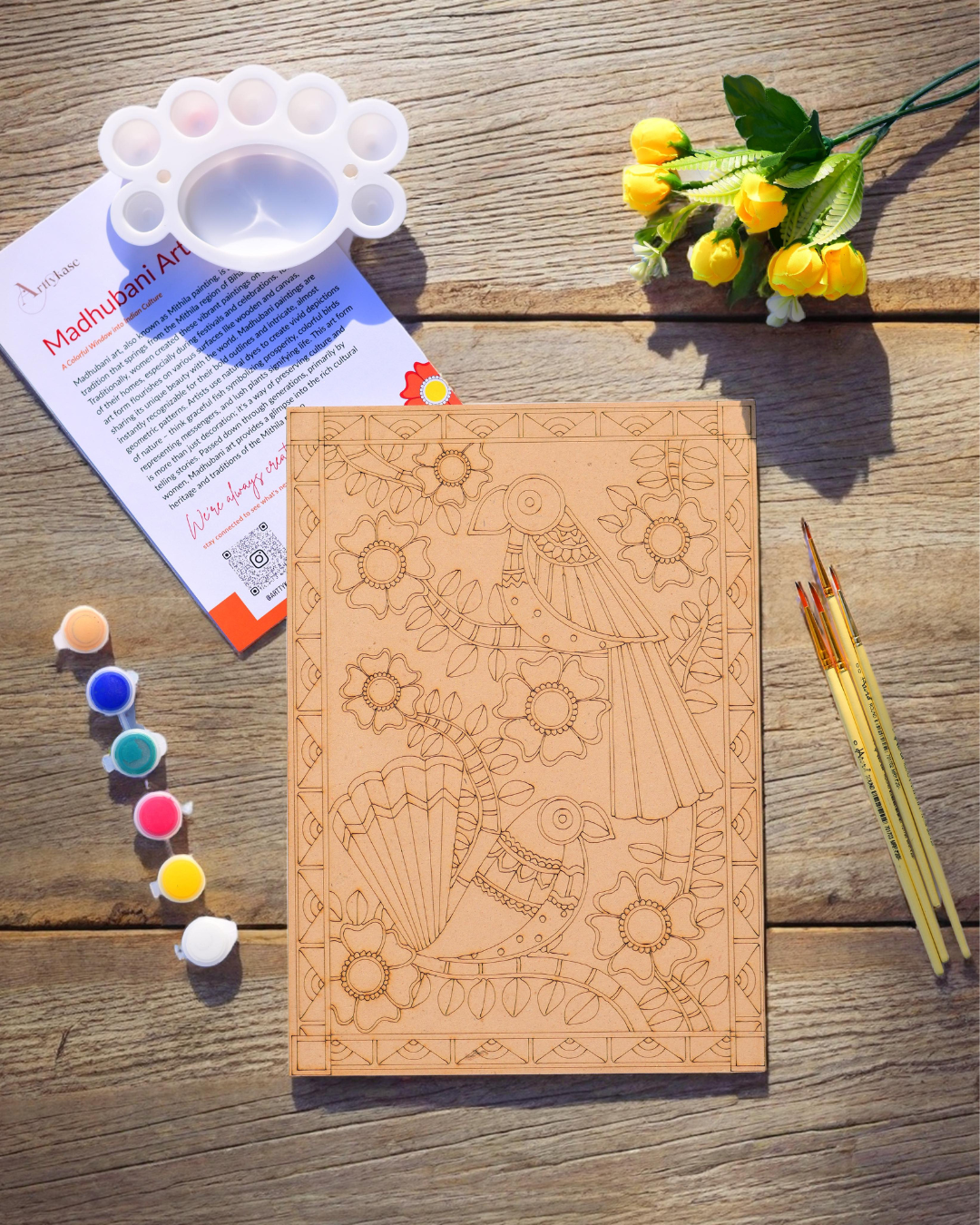 Madhubani Bird Painting Kit (UK) – Pre-Marked Wooden Board DIY Set with 12 Acrylic Paints