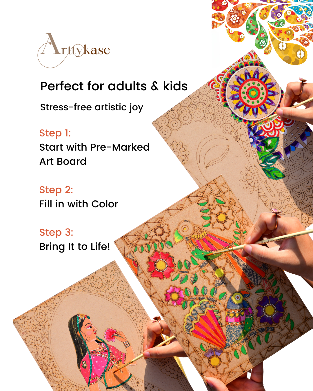 Madhubani Bird Painting Kit (UK) – Pre-Marked Wooden Board DIY Set with 12 Acrylic Paints