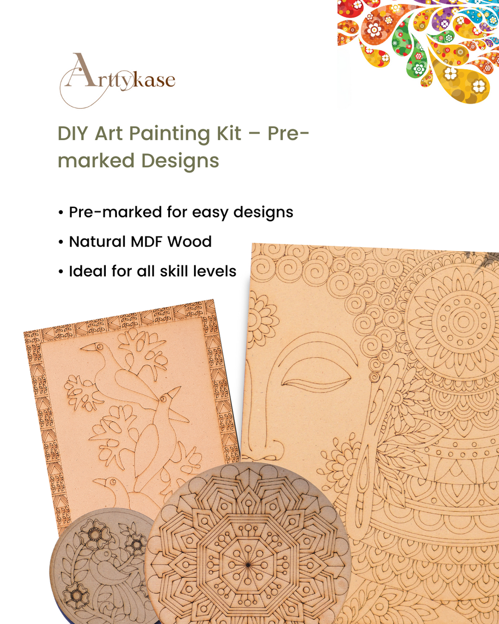 Madhubani Bird Painting Kit (UK) – Pre-Marked Wooden Board DIY Set with 12 Acrylic Paints