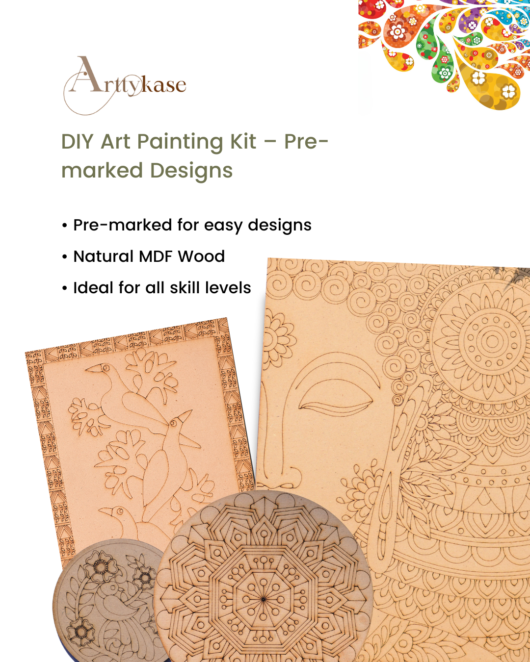Madhubani Bird Painting Kit (UK) – Pre-Marked Wooden Board DIY Set with 12 Acrylic Paints