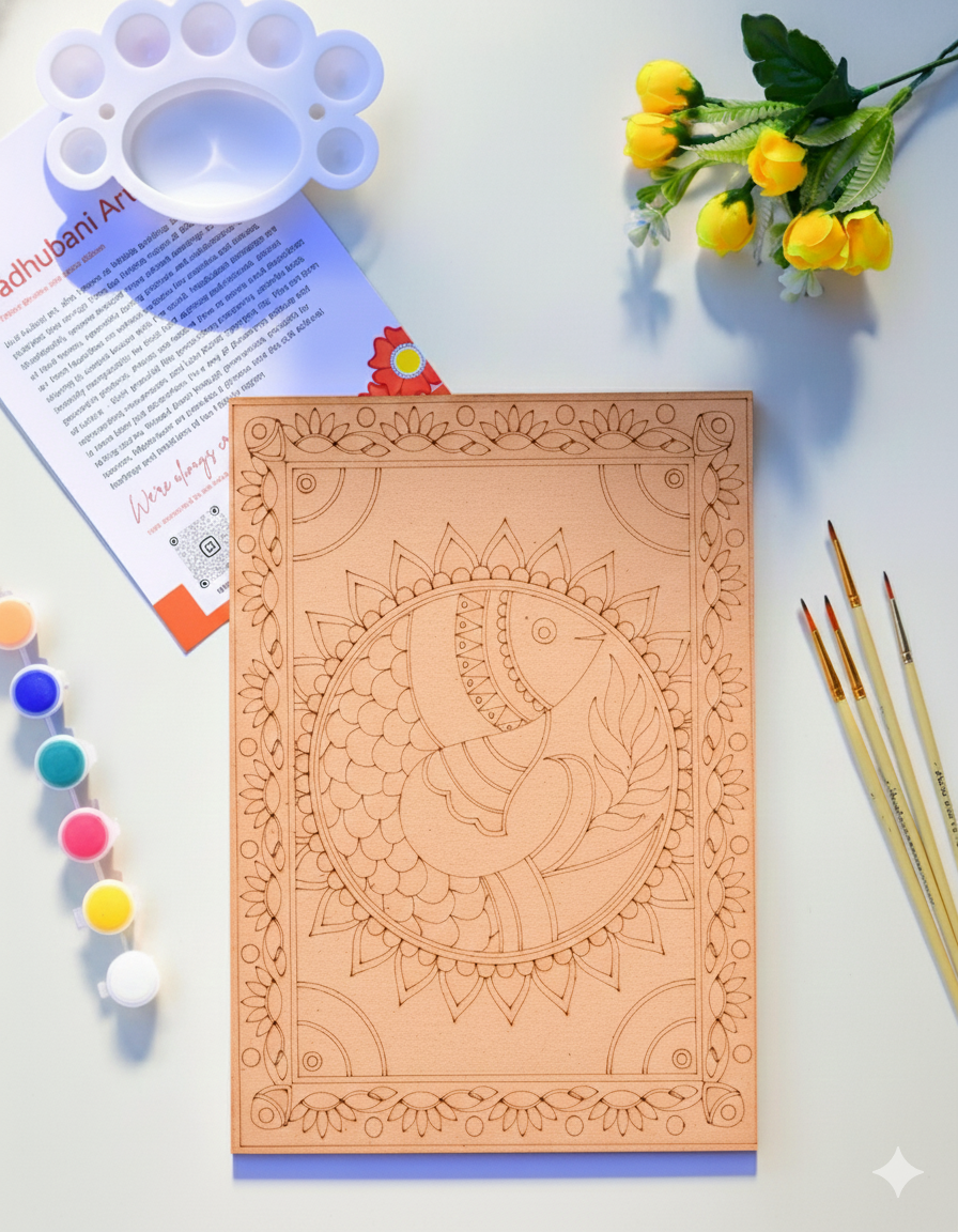 Madhubani Good Luck Fish Mandala Kit (UK) – Pre-Marked A4 Board & 12 Acrylic Paints