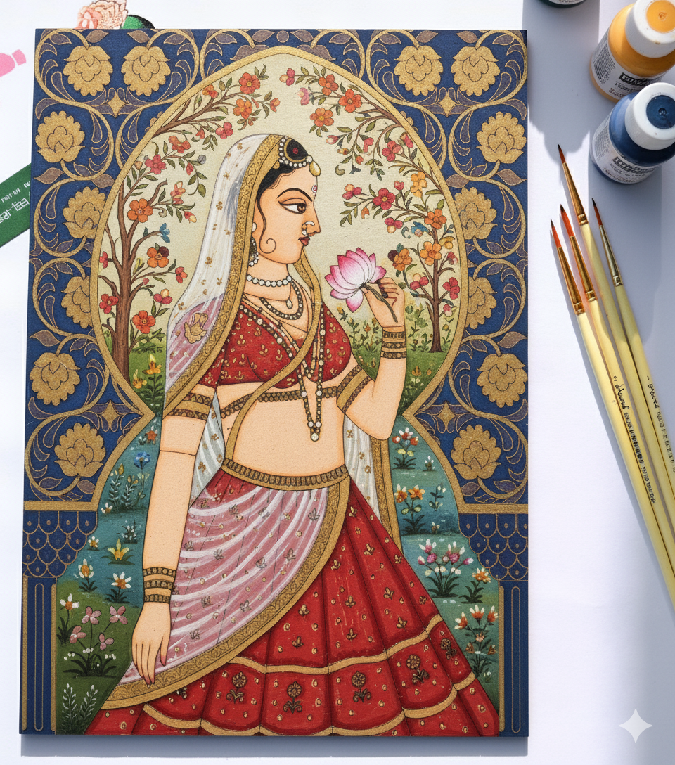 Royal Mughal Princess Art Kit – Pre-Drawn Historical Indian Miniature Painting Set