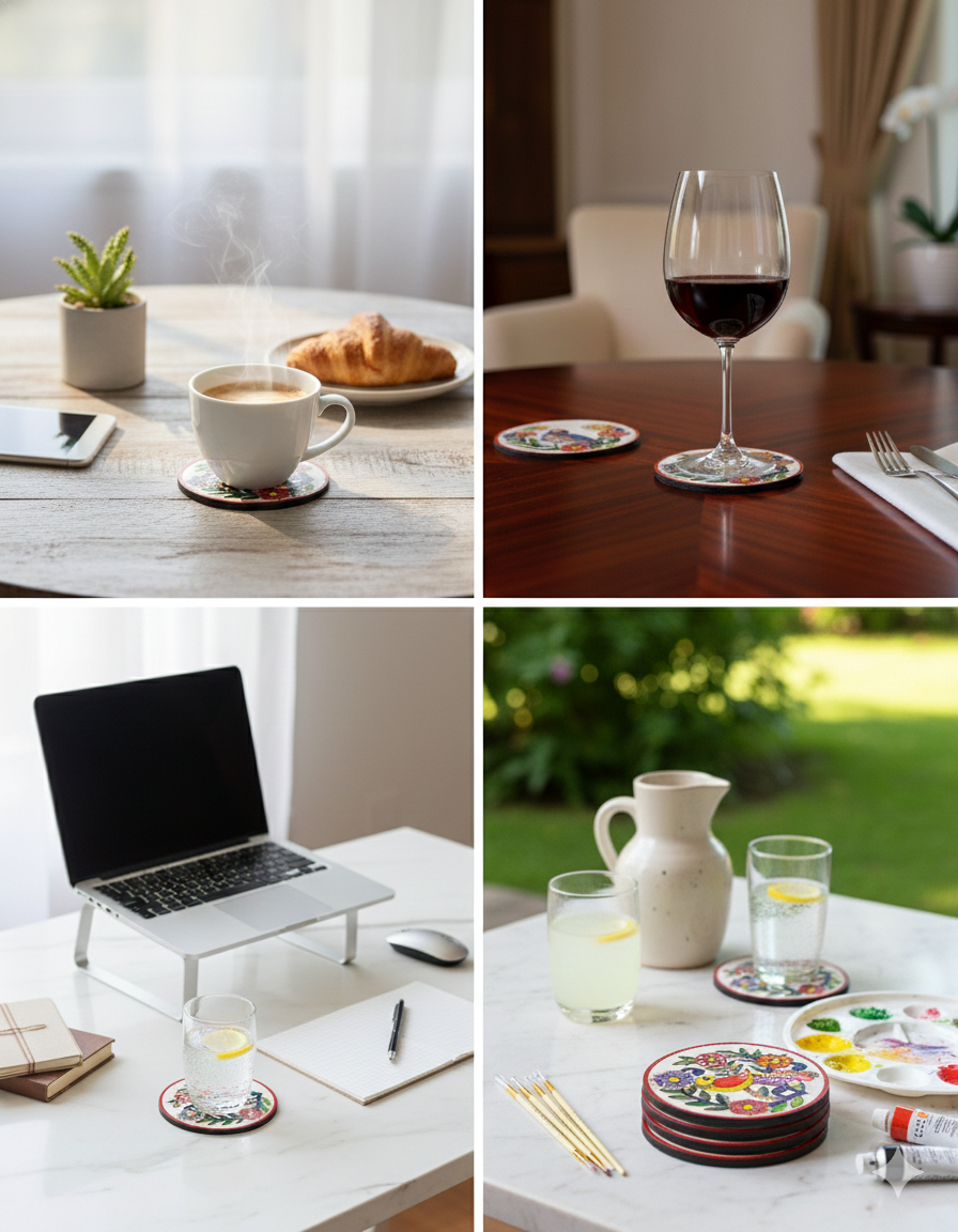 Madhubani Bird Coaster Painting Kit (UK) – Set of 4 Pre-Drawn Coasters & Acrylic Paints