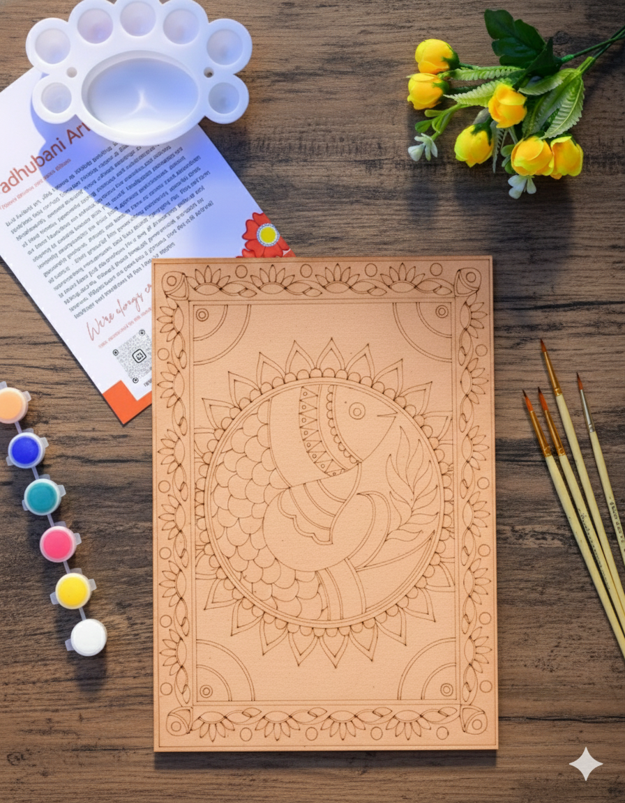 Madhubani Good Luck Fish Mandala Kit (UK) – Pre-Marked A4 Board & 12 Acrylic Paints