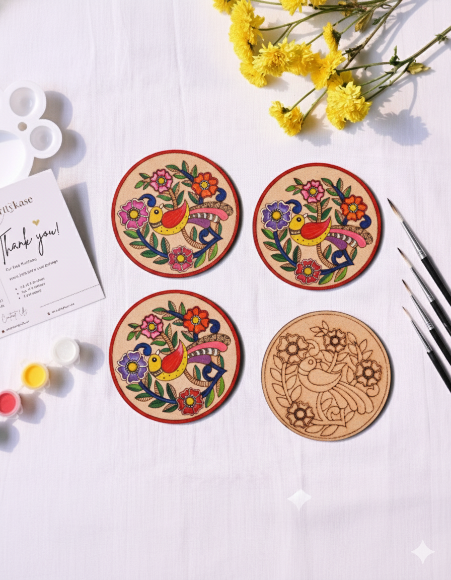 Madhubani Bird Coaster Painting Kit (UK) – Set of 4 Pre-Drawn Coasters & Acrylic Paints