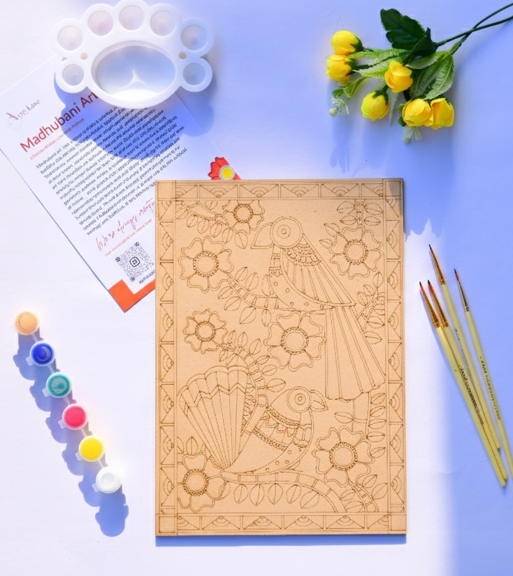 Madhubani Bird Painting Kit (UK) – Pre-Marked Wooden Board DIY Set with 12 Acrylic Paints