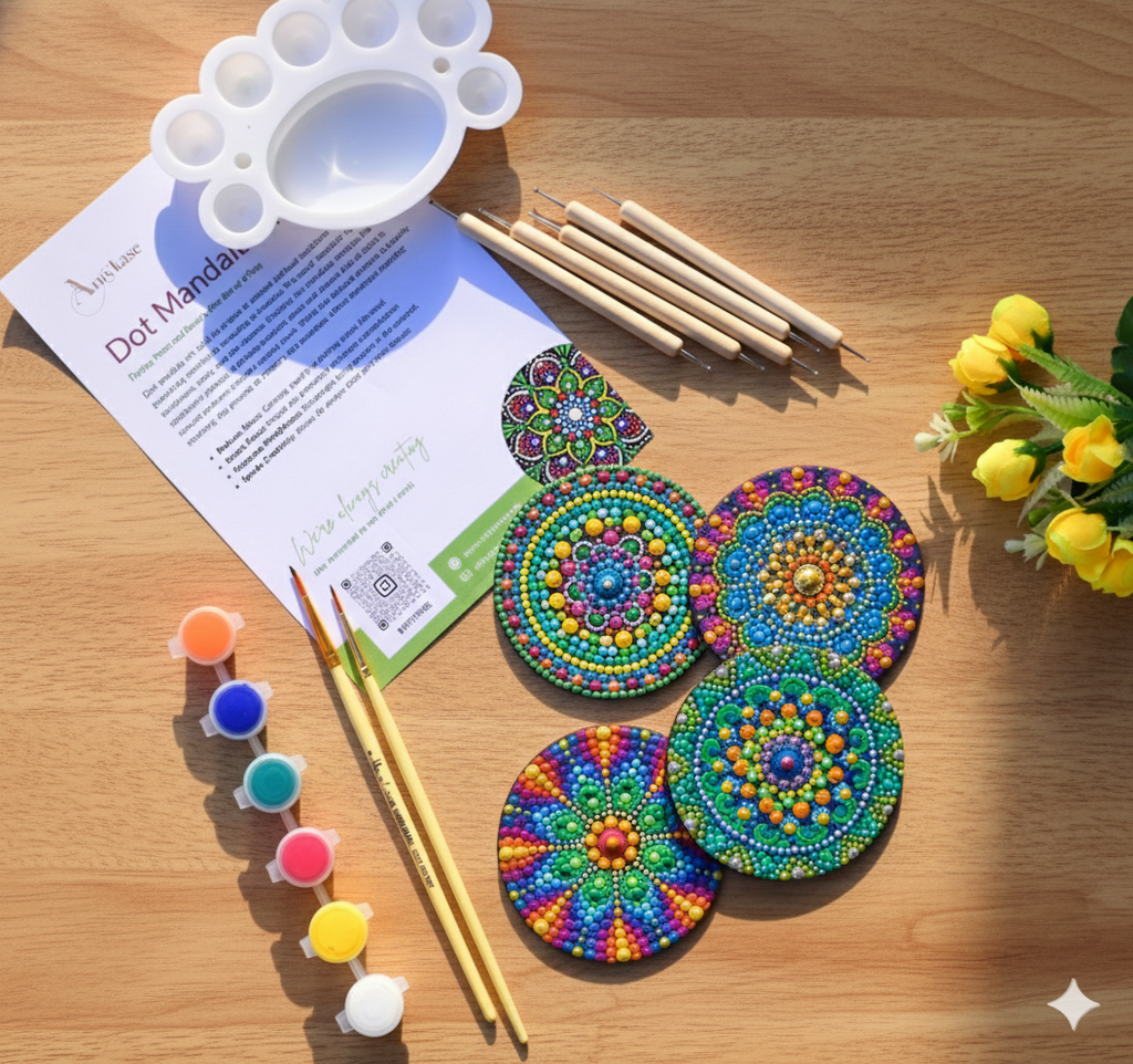 Dot Mandala Coaster Painting Kit (UK) – Set of 4 MDF Coasters with Dotting Tools & Stencils