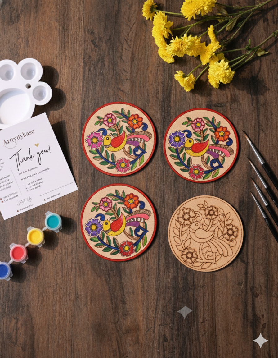 Madhubani Bird Coaster Painting Kit (UK) – Set of 4 Pre-Drawn Coasters & Acrylic Paints