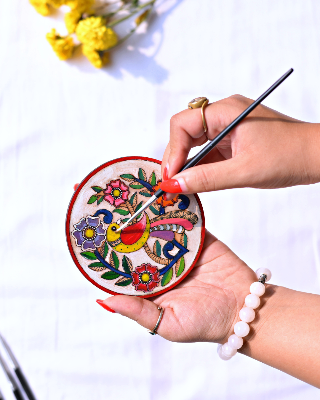 Madhubani Bird Coaster Painting Kit (UK) – Set of 4 Pre-Drawn Coasters & Acrylic Paints