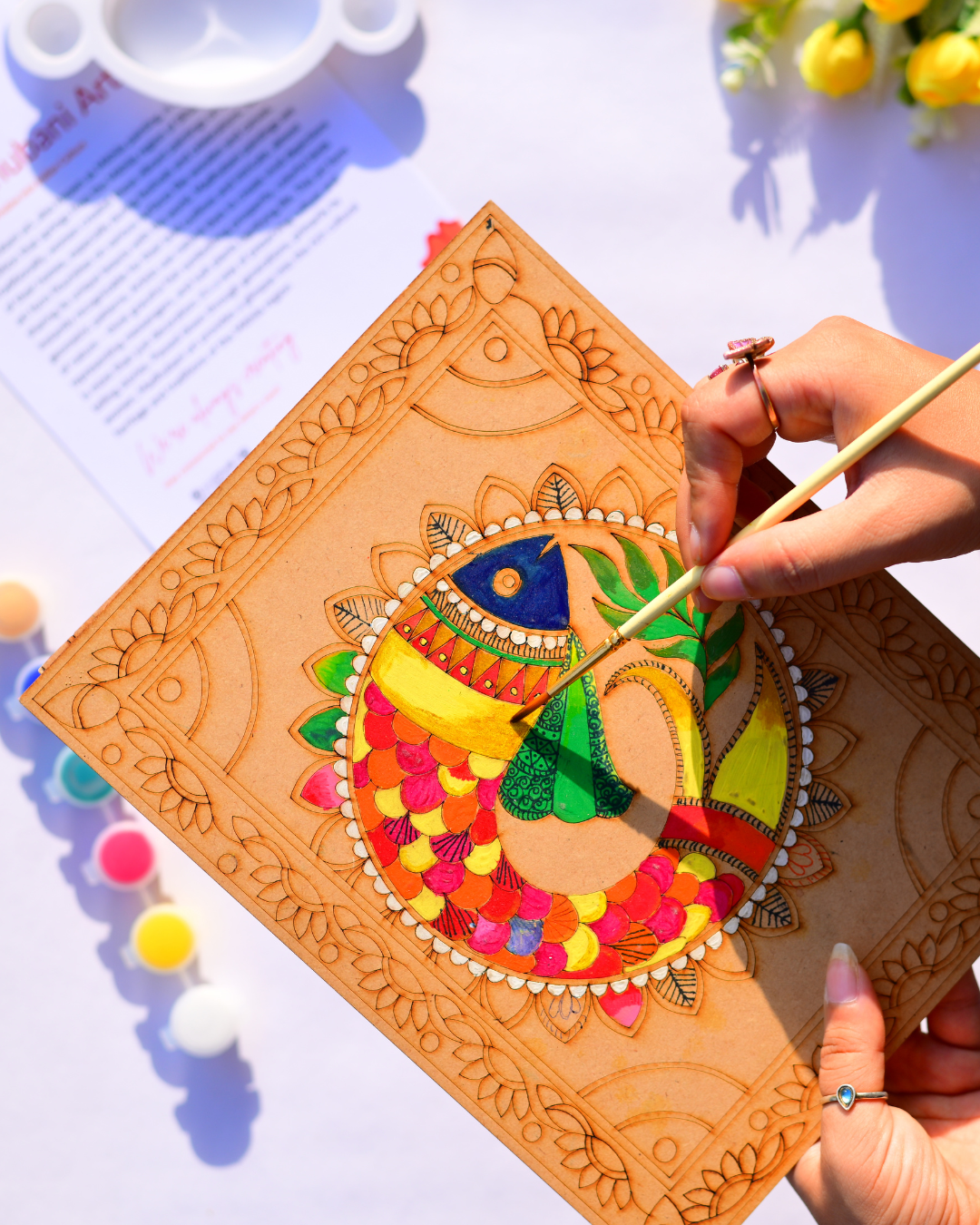 Madhubani Good Luck Fish Mandala Kit (UK) – Pre-Marked A4 Board & 12 Acrylic Paints